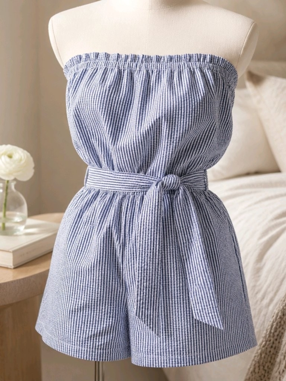 Tropik Striped Blue And White Strapless Romper with Tie Waist